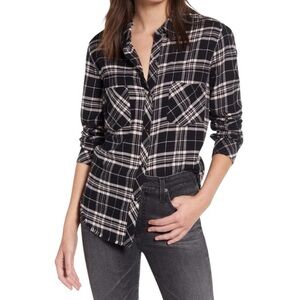 Rails Shirt Womens S Leo Snap Button Raw Hem Flannel Top Black Plaid Western
